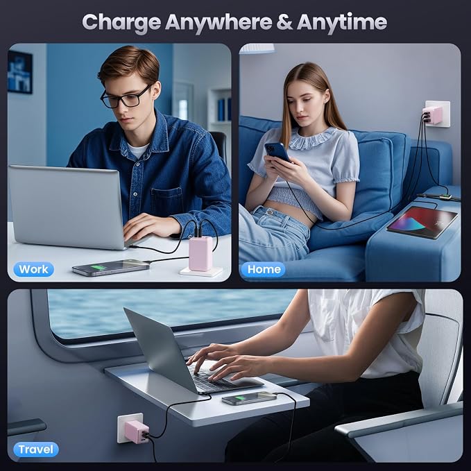 128W USB C Wall Charger,GaN III 3-Port Fast Charging Station,PD QC Foldable Charger Block Portable 65W Laptop Adapter for MacBook Pro/Air,iPad Pro,Galaxy S23,Dell XPS 13,iPhone 17/16/Pro etc - Image 6