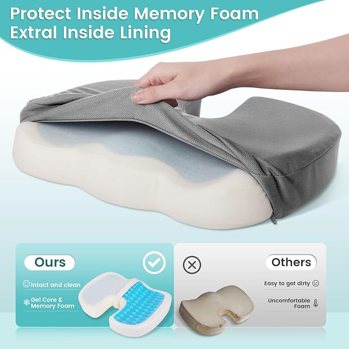 Gel Seat Cushion, Enhanced Memory Foam Cushion for Tailbone Pain, Gray | Cooling Gel for Office Chair, U-shaped Design Chair Cushion for Gaming, Car, Wheelchair, Non-Slip Base, Washable Cover - Image 4