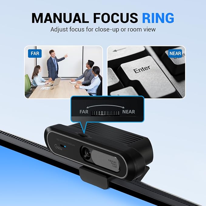 Gsou Wireless Webcam 1080P Full HD with Auto Electric Privacy Cover -2.4G Rechargeable Wireless Computer Camera with Manual Focus Ring, Half-Day Battery Life, Webcam for Streaming, Teams, Zoom, PC/Mac - Image 6