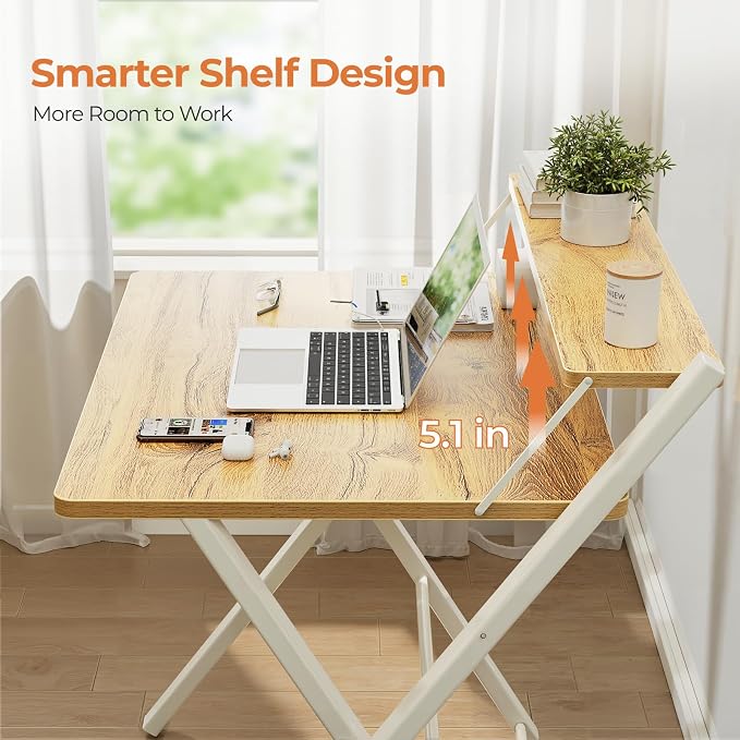 GreenForest Folding Desk No Assembly, Sturdy Computer Desk for Small Spaces | Portable Foldable Table for Laptop, 2-Tier Compact with Shelf, Space Saving for Home Office, Dorm, Apartment, 24.5"x 30" Oak - Image 5