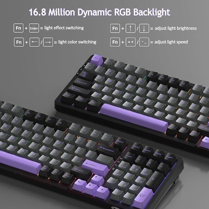 MageGee LIGHT100 Wireless Creamy Keyboard, Gasket Structure Hot Swappable, Tri-Mode 2.4G/USB-C/BT5.0 RGB Backlit Mechanical Gaming Keyboard for Win/Mac/PC, PBT Keycap, 4000mAh Battery, Purple - Image 5