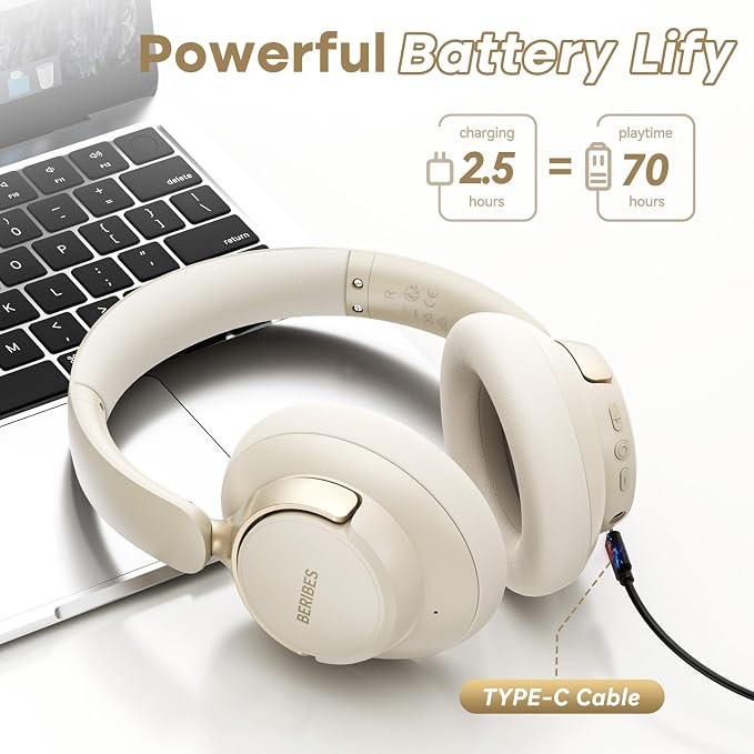 BERIBES Hybrid Active Noise Cancelling Headphones Wireless Over Ear 70Hours | Foldable Bluetooth 6.0,Transparent Modes,3.5MM Cable,Lightweight Built-in Mic,HiFi Stereo Deep Bass,Soft-Earpad,Fast Charging - Image 3