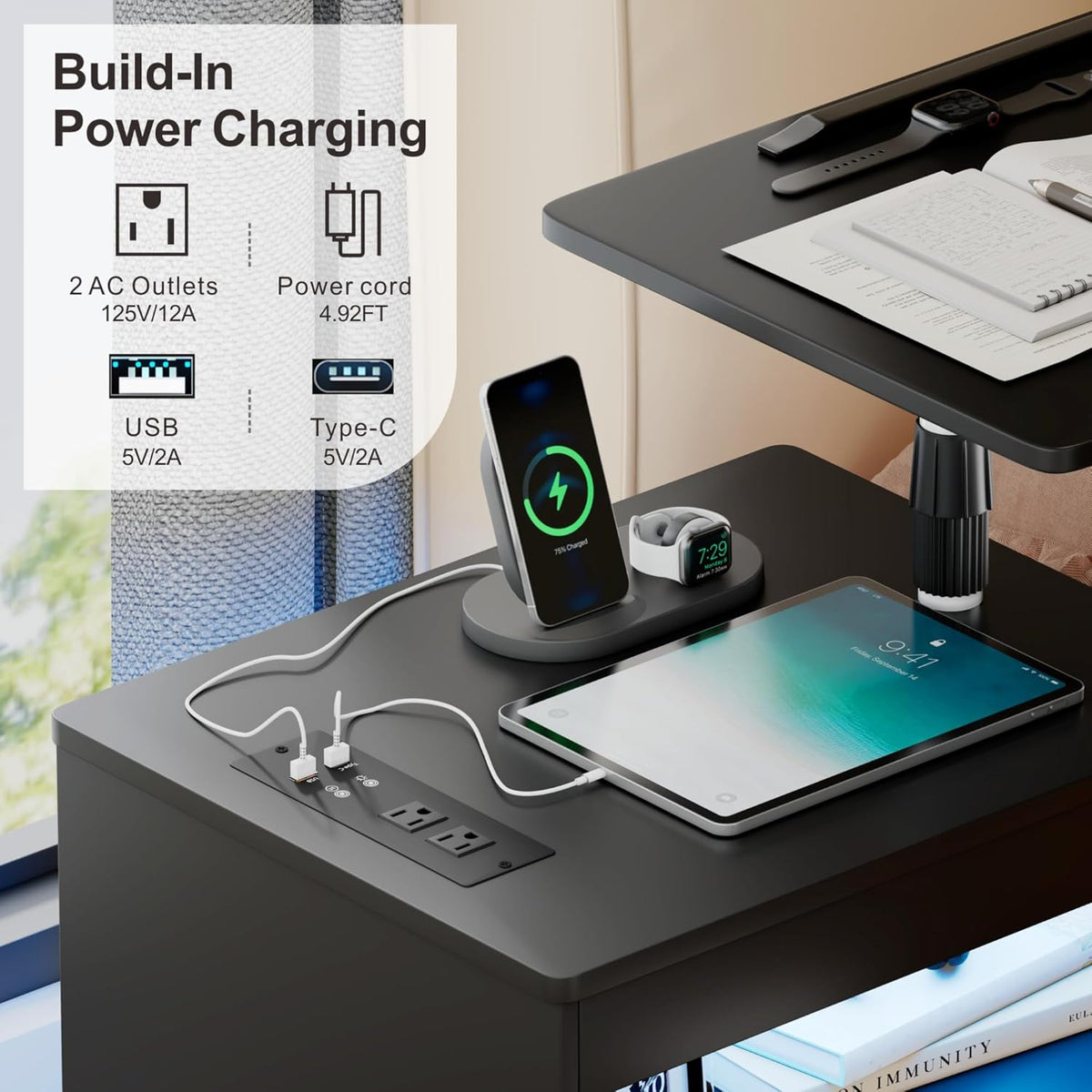 Rolling Nightstand with Wheels, LED Lights, Charging Station - Image 5