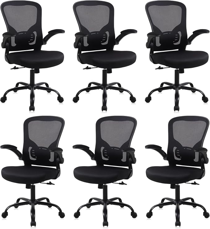 Flysky Mesh Office Chair, Ergonomic Computer Desk Chairs (Black, Set of 6) | Comfy/Comfortable Flip-up Arm Rests, Lumbar Support, Height Adjustable, 360 Degree Rolling Swivel for Home Office by showyourstyle