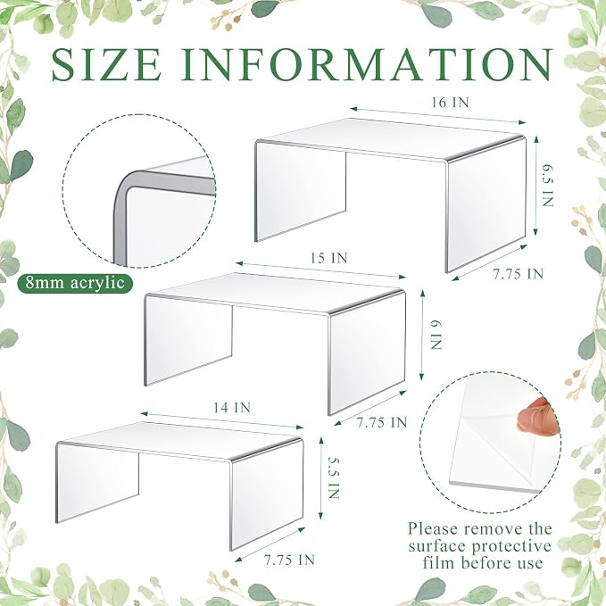 RattanView 3 Pcs Extra Large 16, 15, 14 Inch Acrylic Display Risers Clear Acrylic Shelf Riser Display Stands 8 mm 5 mm Thick Rectangular for Monitors Large Scale Figurines Trophy Commercial Use - Image 2