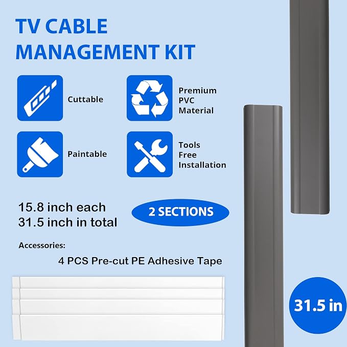 ZhiYo TV Cord Cover for Wall, 31.5 inch Cable Concealer, Cord Hider for Wall Mounted TV, Paintable Wall Cable Cover to Hide Wires, Grey Cable Raceway Kit, 2X L15.8in W1.5in H0.75in - Image 4