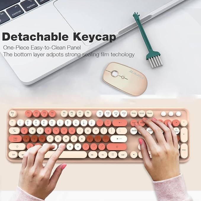 Wireless Keyboard and Mouse Combo | Cute Colorful Keyboard and Mouse with 2.4GHz Cordless Retro Typewriter Keyboard | Auto-Sleep | USB Receiver for Windows PC/Laptop - Creamy Colorful - Image 4