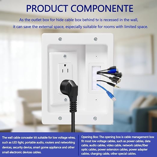 Wall Cable Concealer Management Kit, Recessed TV Outlet Box, in Wall TV Box Hidden Cable Connection Kit, Behind TV Outlet Box Recessed Wall Mount TV Box to Hide Power Cables and Low Voltage Wires - Image 6