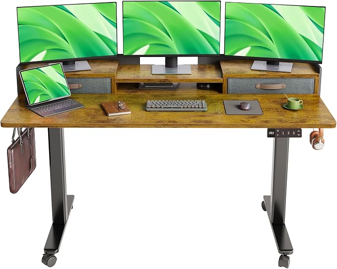 Claiks Standing Desk with Drawers & Wheels, 2 Height Shelf 59" Rustic Brown | 2 height adjust shelf, tabletop drawers, felt fence design, sturdy supports 176 lbs, 4 wheels, 2 tire monitor stand by CLAIKS