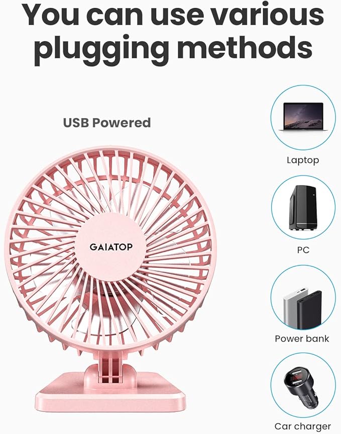 Gaiatop USB Desk Fan, Personal Portable Quiet Small Table Desktop fan | Powerful Mini 3 Speeds, Adjustable Head, for Cooling Home Office Car Summer Travel Gifts Pink - Image 6