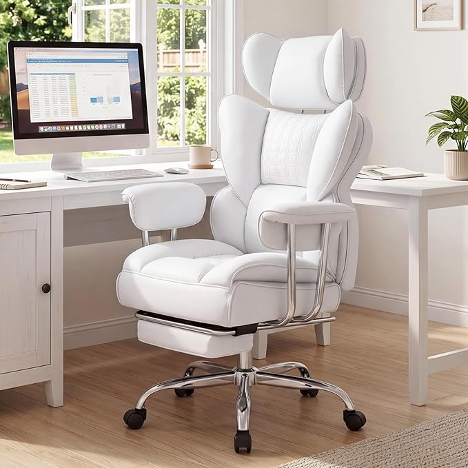 DUMOS Big and Tall Home Office Desk Chair, Executive Chair with Footrest | Scratch-Resistant PU Leather, Ergonomic Reclining, Pocket Spring Support, 400 LBS Weight Capacity, White - Image 2