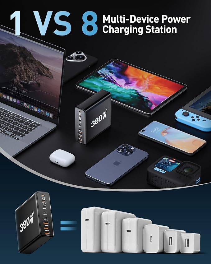 380W USB C Charger Block with 4 USB Cables Dual 100W Charging Station | 8-Port USB C Charging Station Laptop Charger Fast Type C Charging Block for MacBook Pro - Image 5