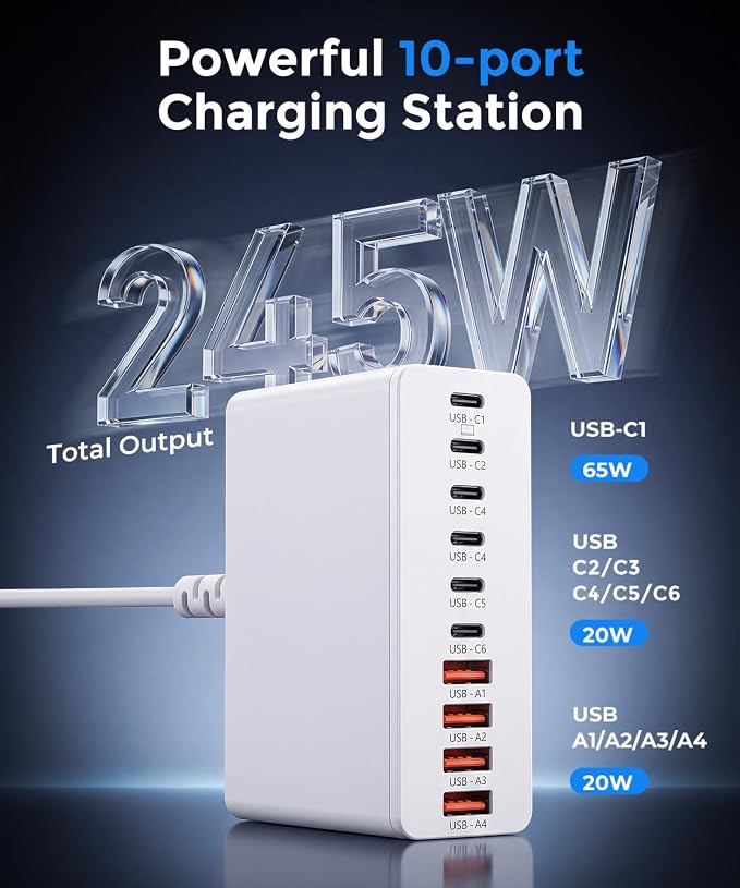 USB C Charging Station 10 Port with 4 Cables,245W GaN Charger Block | Type C Wall Charger Power Strip Adapter Plug for iPad iPhone17 16 15 14 13 12 Pro Max Pixel Note Galaxy White - Image 2