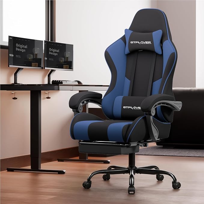 GTPLAYER Gaming Chair, Computer Chair with Footrest and Lumbar Support, Height Adjustable Game Chair with 360°-Swivel Seat and Headrest and for Office or Gaming (Blue, Fabric) - Image 2