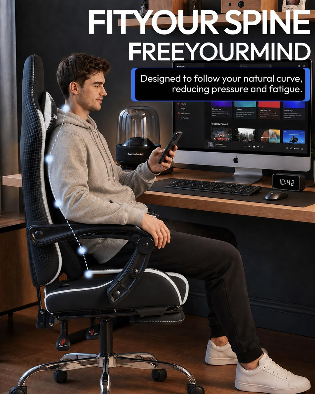 Dowinx Ergonomic Gaming Chair with Footrest & Massage Lumbar, 2D-Linkage Armrests for Computer Chair 330lbs with Headrest Pillow for Office, Home, Streaming and Long Gaming Sessions, Fabric White - Image 6