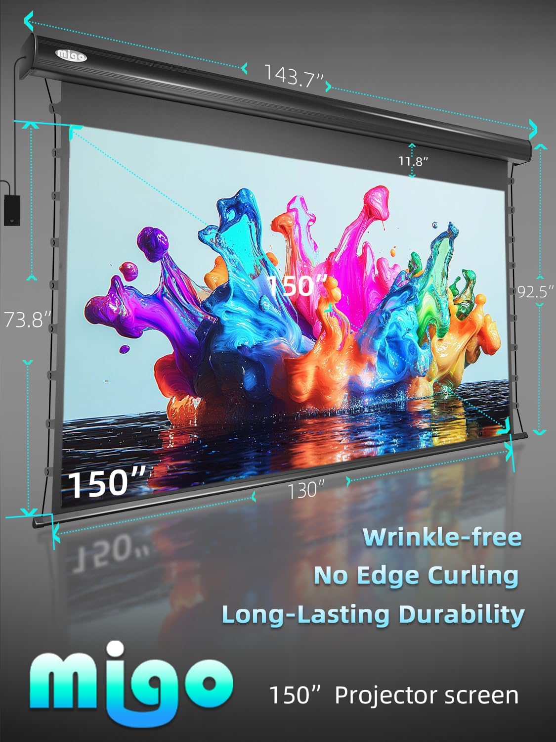 MIGO 150 Inch Pull Down Projector Screen,with Grey Crystal 2.0 Gain Partial Ambient Light Projector Screen Wall/Ceiling Mount for Ultra Short Throw Projector Movie Home Theater Cinema(Black Housing) - Image 9