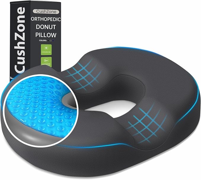 Donut Pillow Seat Cushion, Cooling Gel Memory Foam Chair Cushion, Grey | Office, Home & Car Seat Cushion, Butt Pillow for Tailbone Pain Relief, Hemorrhoids and Everyday Sitting Comfort by CushZone