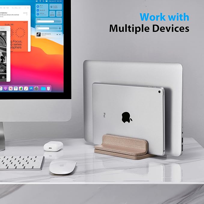 Leather Vertical Laptop Stand,Dual Laptop Holder Stand,Laptop Organizer with Adjustable Dock (18-26mm/0.7-1 in) for All MacBook/Tablet/Surface/Dell/iPad (Apricot) - Image 4