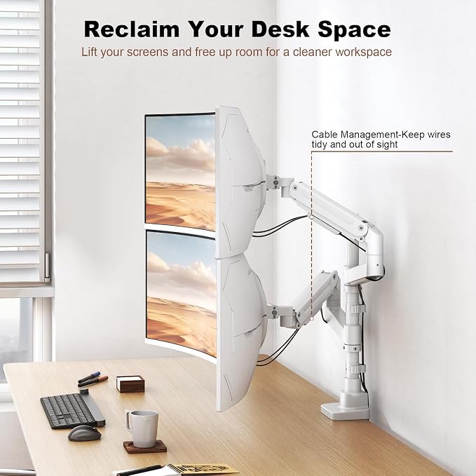 Dual Monitor-Arm Heavy-Duty for 17-49-inch Screens - Vertical Stacked Dual Monitor Mount Stand for Ultrawide Screens up to 44lbs, Aluminum,Full Motion, VESA 75/100 mm, White - Image 8