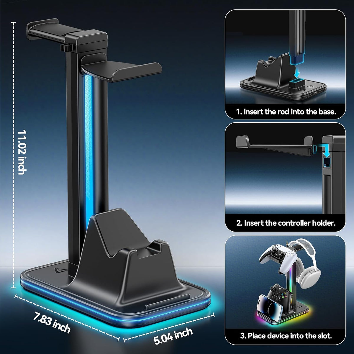 Kytok 4-in-1 Headset and Controller Stand for Desk, 360° Rotating Headphone Stand with Phone Holder, 10 RGB Modes for Accesorios de Mesa Gamer, P5/SW/Xbx Levitating Gaming Headset and Controller Stand - Image 3