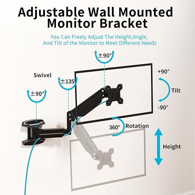 Suptek Single Wall Mount Monitor for 13-32" | Full Motion Adjustable, Gas Spring Arm, Holds up to 22lbs, VESA 75x75/100x100 - Image 3