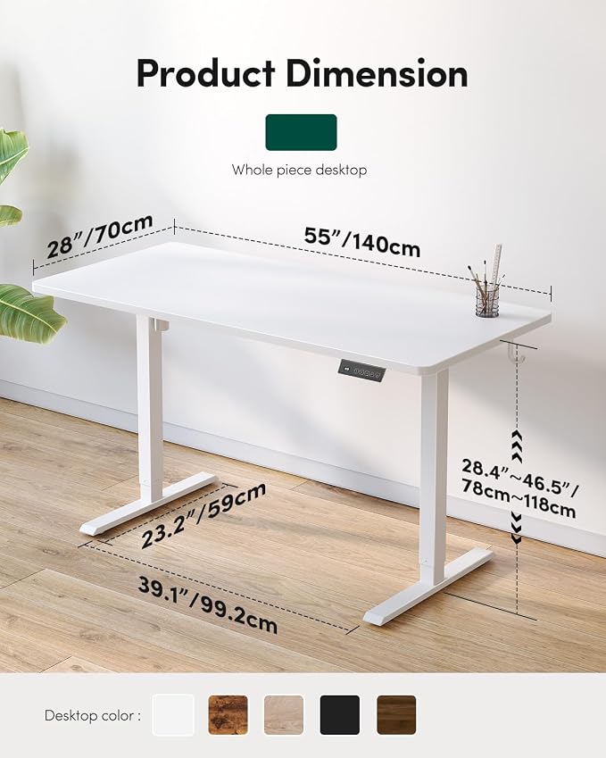 CubiCubi 55 x 28 Large One-Piece Electric Adjustable Standing Desk, White | Height Adjustable Electric Computer Home Office Sit Stand up Workstation, with Memory Presets, Headphone Hook - Image 2