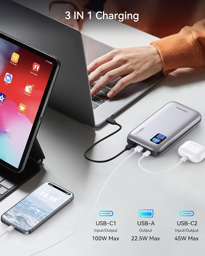 AsperX Laptop Power Bank, 145W USB C PD 3.1 Fast Charging Portable Charger | TFT Display Portable Laptop Charger Battery Pack for MacBook/iPhone 16/Dell XPS/Galaxy S25/Steam Deck/ipad (Flight-Approved) - Image 3