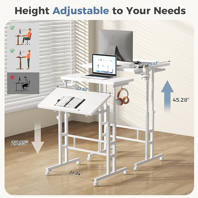 DUMOS Rolling Standing Desk, Sit Stand Desk, Computer Cart | Manual Height Adjustable, Split Top Mobile, Laptop Workstation, Portable Home Office, Walking Pad Study Surface, White - Image 7