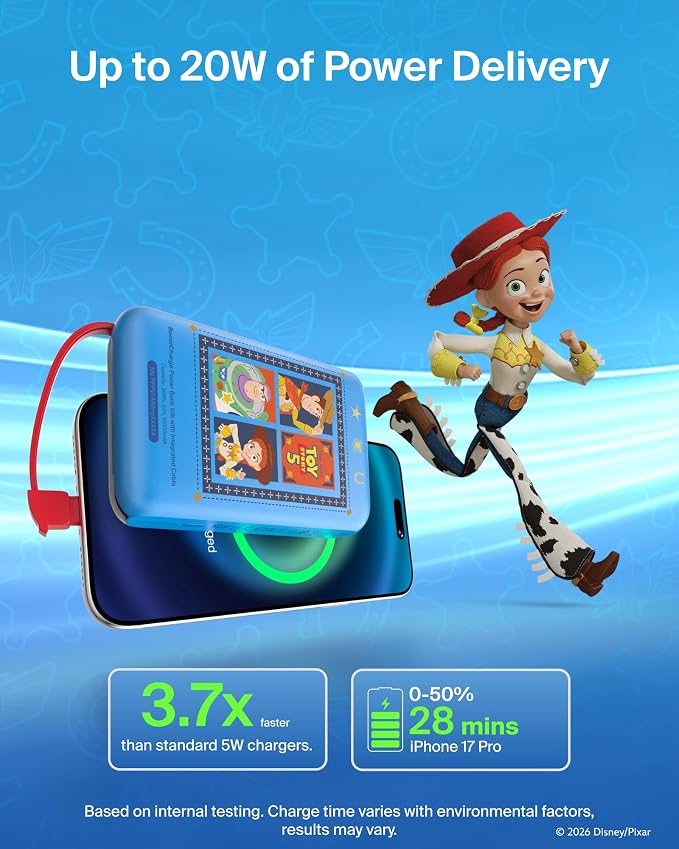 Belkin Disney Toy Story 5 10000mAh 20W USB C Power Bank, Portable Charger | Fast Charging, Integrated USB C Cable, Extra USB C Port, iPhone 17, iPad, Samsung Galaxy S26, Charge 2 Devices - Image 2