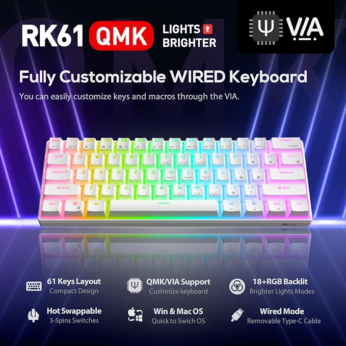 RK ROYAL KLUDGE RK61 Wired 60% Mechanical Gaming Keyboard, Compact PC Game Keyboards with QMK/VIA Programmable RGB Backlit, Hot Swappable Custom Keyboard for Win/Mac, Pre-lubed Red Switch, White - Image 2