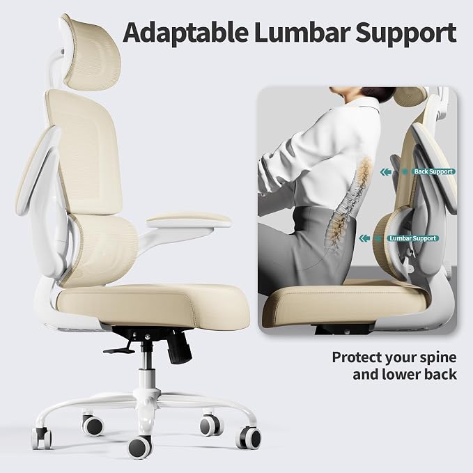 TRALT Office Chair Ergonomic Desk Chair - Gaming Chair with Lumbar Support | 330 LBS Home Office Desk Chairs with Headrest, Reading Chair with Flip-up Armrests, Comfortable Computer Chairs (1, Beige) - Image 7