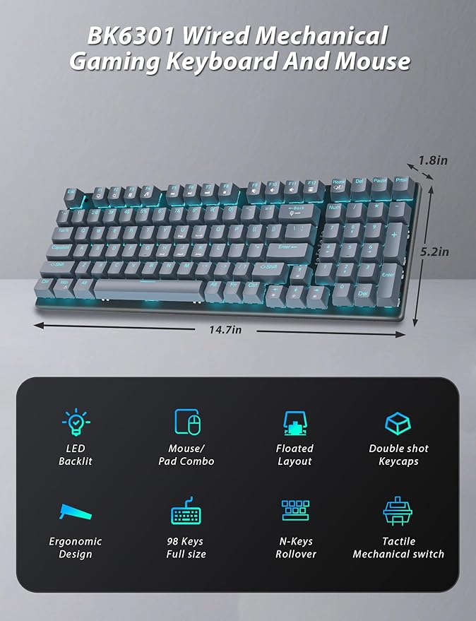 Mechanical Gaming Keyboard and Mouse, LED Backlit 98-Key Floating Keycap & 4 DPI RGB Gaming Mouse with Mouse Pad, Full Anti-Ghost Light Up Wired Computer Keyboards for MAC PC Gamer Accessories, Gray - Image 2