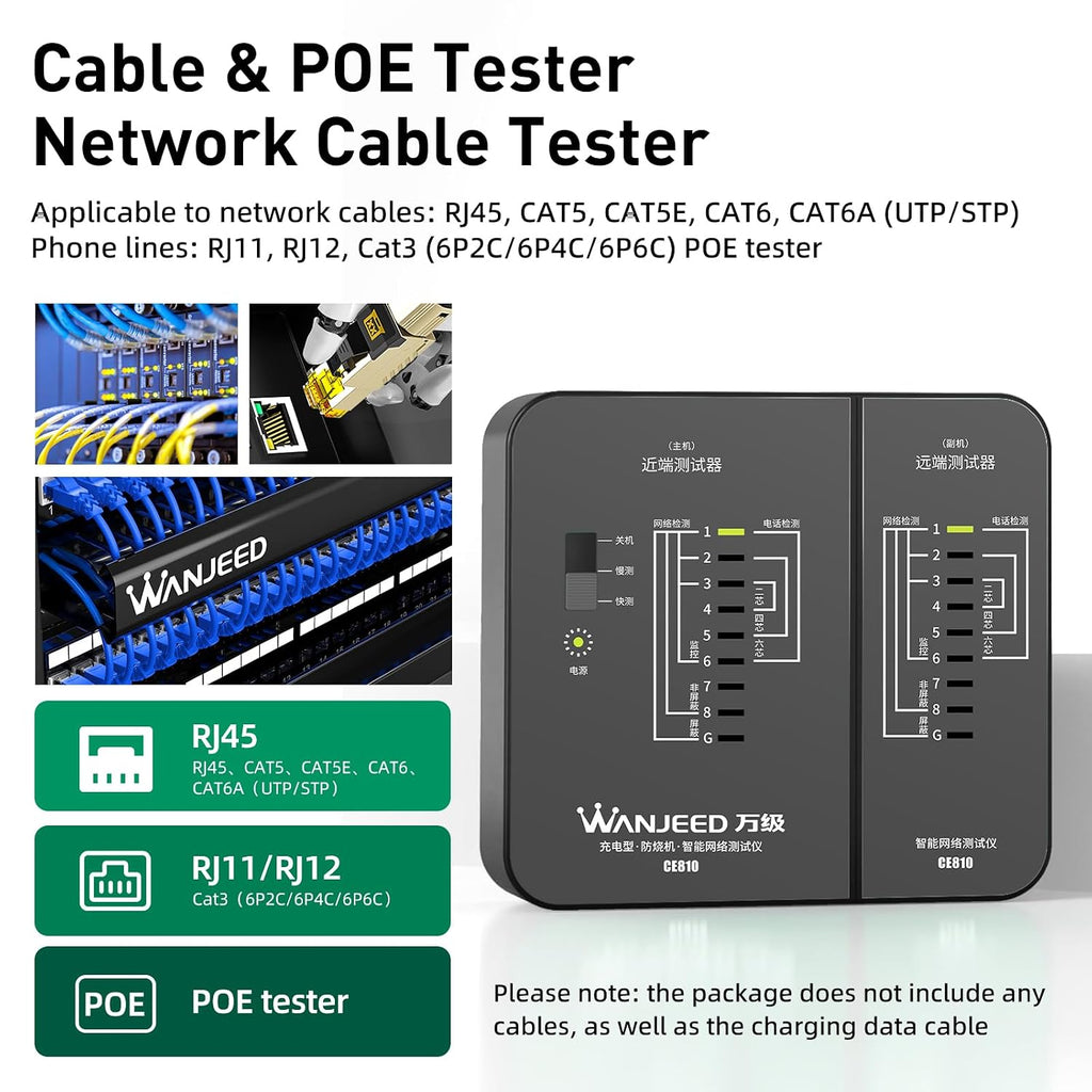 Professional Rechargeable Network Cable Tester - for RJ45/RJ11/RJ12, Tests CAT5/CAT5e/Cat6/Cat6a/CAT7 UTP/STP, PoE & CAT3, Wire Mapping, Fault Finder-Black-CE810 - Image 2
