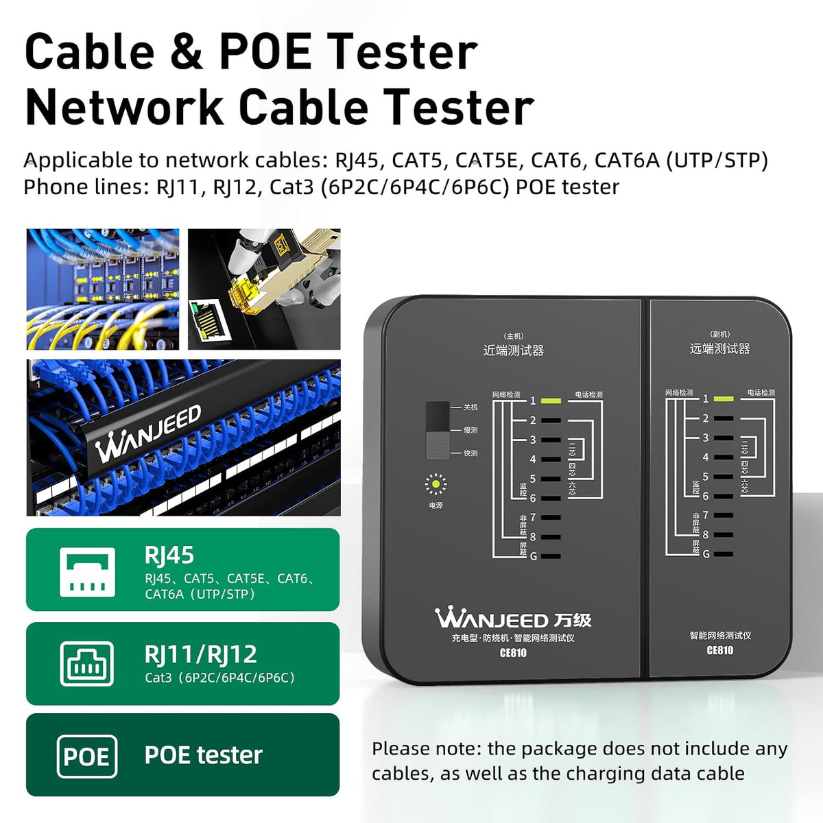 Professional Rechargeable Network Cable Tester - for RJ45/RJ11/RJ12, Tests CAT5/CAT5e/Cat6/Cat6a/CAT7 UTP/STP, PoE & CAT3, Wire Mapping, Fault Finder-Black-CE810 - Image 2