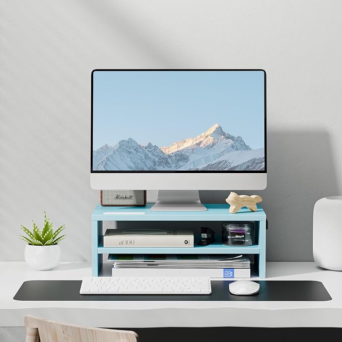 Marbrasse Wood Monitor Stand Riser,Desk Computer Printer Shelf Stand，Blue | 2 Tier Laptop Computer Screen Storage, Desktop Stand with Phone Holder and Cable Management - Image 6