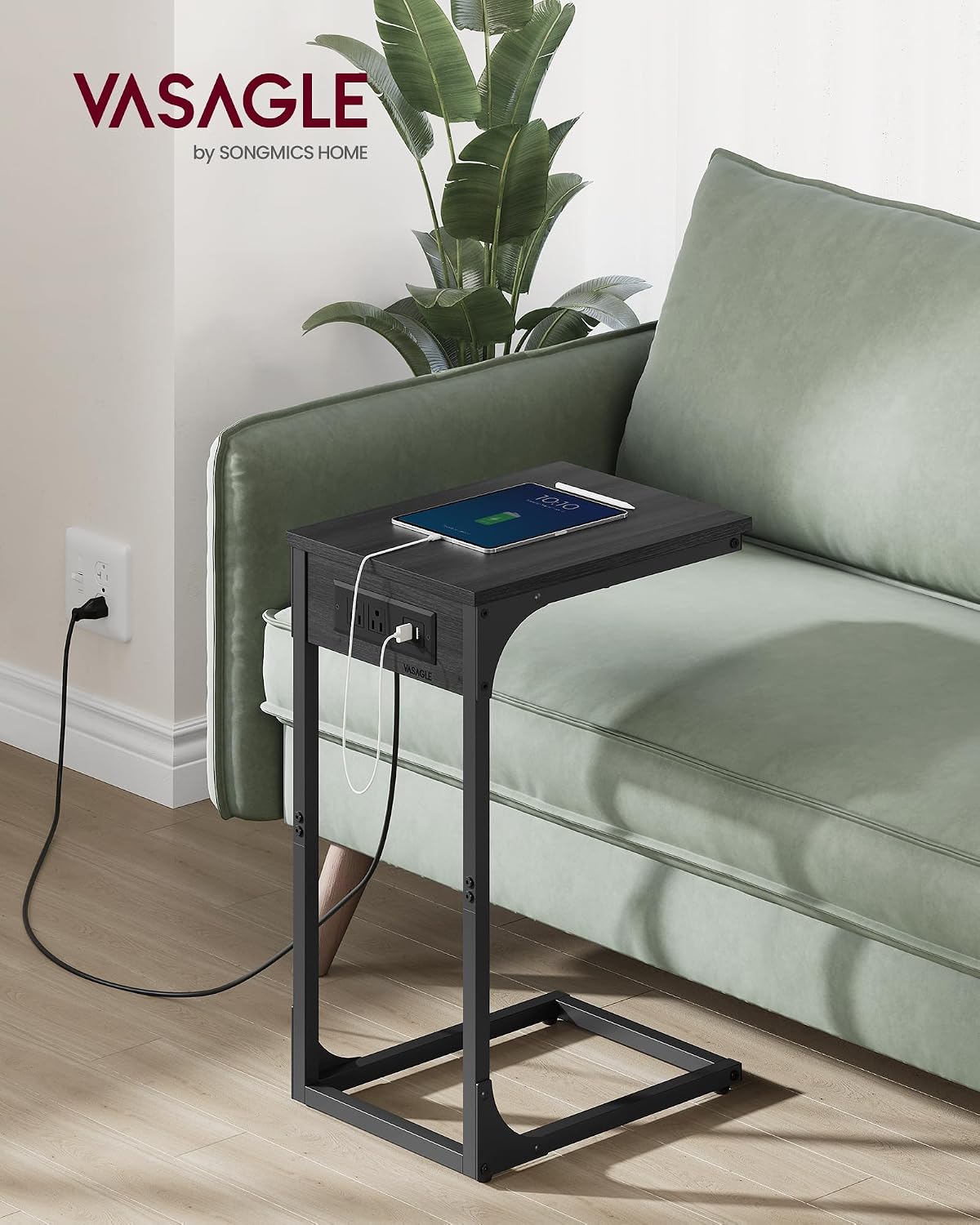 VASAGLE C-Shaped Side Table with Charging Station, 2 USB Ports and Outlets - Image 3