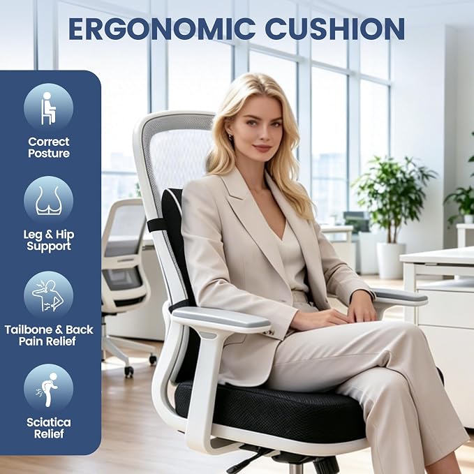 Memory Foam Seat Cushion for Office Chair and Car Seat | Sciatica & Hip & Coccyx Pain Relief Desk Chair Cushion for Long Sitting Office Workers, Car Drivers, Wheelchair, Home - Image 3
