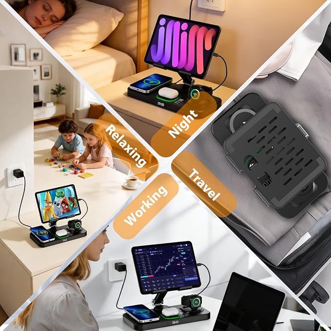 Wireless Charging Station for Apple Devices, Only for Apple Watch Charging | Included Type-C Cable for Tablet Charging, Foldable Wireless Charging Station, 7 Cycling Ambient Lights, Time Clock Display - Image 6