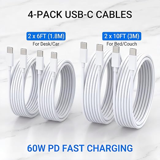 4-Pack (6ft 6ft 10ft 10ft) 60W USB C to USB C Fast Charging Cable | for iPhone Charger Cord, Type C to C Charger Cord Compatible with iPhone 17, 17 Pro Max, 16, 15, iPad Pro, Macbook Pro - Image 6