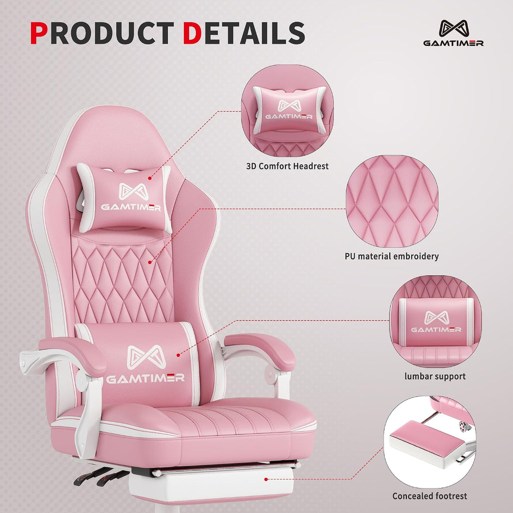 Gaming Chair, Computer Office Chair with Pocket Spring Cushion, 400 LBS Weight Capacity, Breathable PU, Headrest & Lumbar Support, for Silla Gamer Adults(Pink) - Image 4