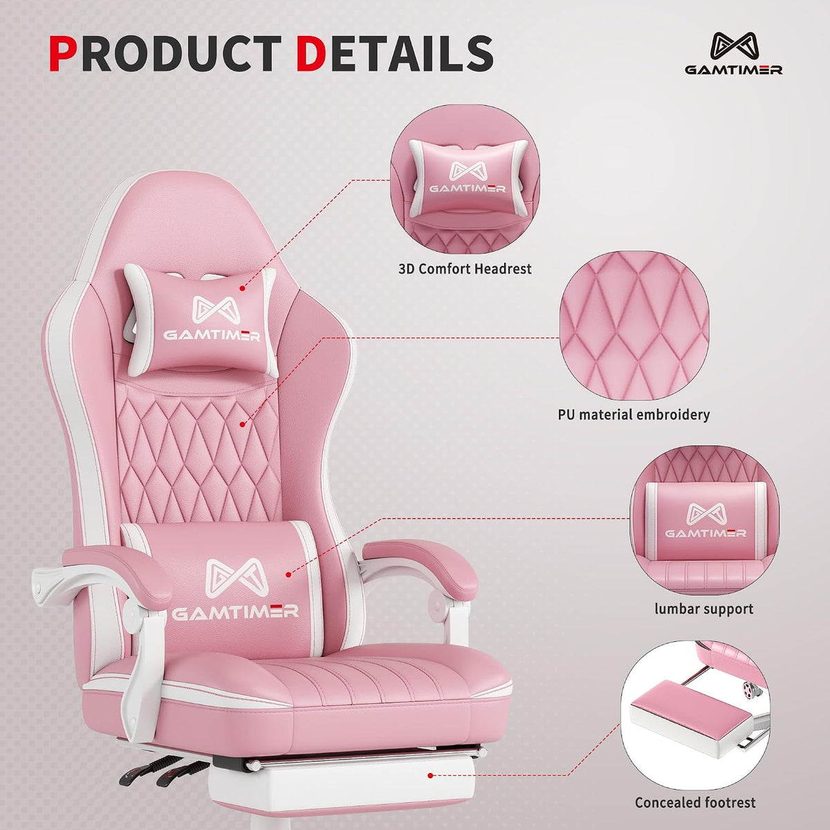 Gaming Chair, Computer Office Chair with Pocket Spring Cushion, 400 LBS Weight Capacity, Breathable PU, Headrest & Lumbar Support, for Silla Gamer Adults(Pink) - Image 4