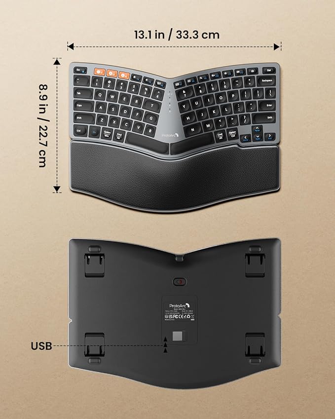ProtoArc EK04 Mini Compact Wireless Ergonomic Keyboard - Space Gray | Hard Palm Rest, 3-Device Bluetooth/2.4G, Split Design, Rechargeable, Compatible with Windows, Mac OS - Image 6