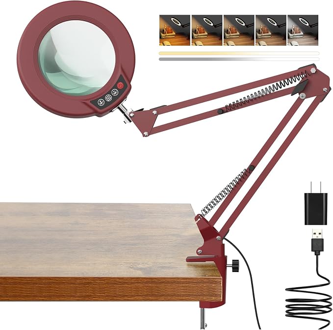 10X Magnifying Glass with Light and Clamp, Real Glass Stand Lighted Magnifier, 5 Color Modes Stepless Dimmable LED Desk Lamp Hands Free for Crafts Hobby Reading Painting Sewing Close Work - Red by COYETH