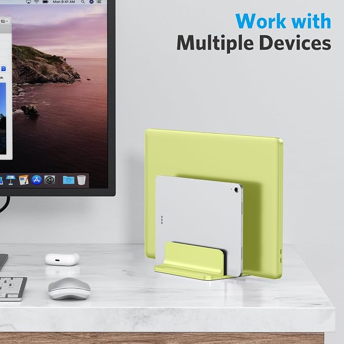 OMOTON Dual Vertical Desk Laptop Stand Holder, Fits MacBook Air/Pro, Citron | Aluminum Laptop Storage Rack for Desk, Adjustable Dock for Up to 17.3 in. Gaming Laptop, Space-Saving Desk Organizer - Image 8