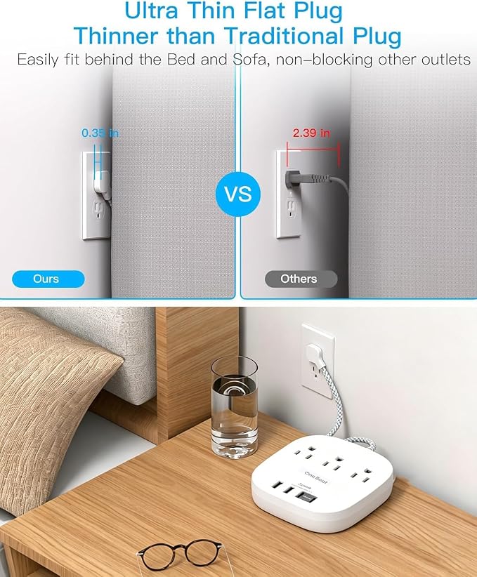 Extension Cord 10 Ft, 22.5W/4.5A Surge Protector Power Strip 10Ft Long Cord | 3 Outlets 4 USB Ports (2 USBC), Desktop Charging Station Power Strip Long Cord for Home Office College Dorm Essentials - Image 5
