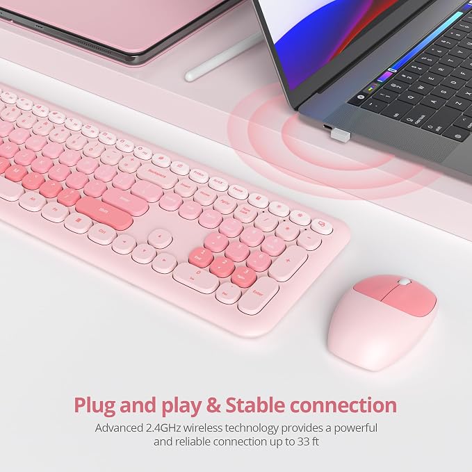 Surmen Cute Pink Keyboard and Mouse Wireless Silent, Full-Size Retro Typewriter Wireless Quiet Slim Keyboard Low-Noise 2.4GHz for Computer, Desktop, Laptop(6-Diary Pink) - Image 2