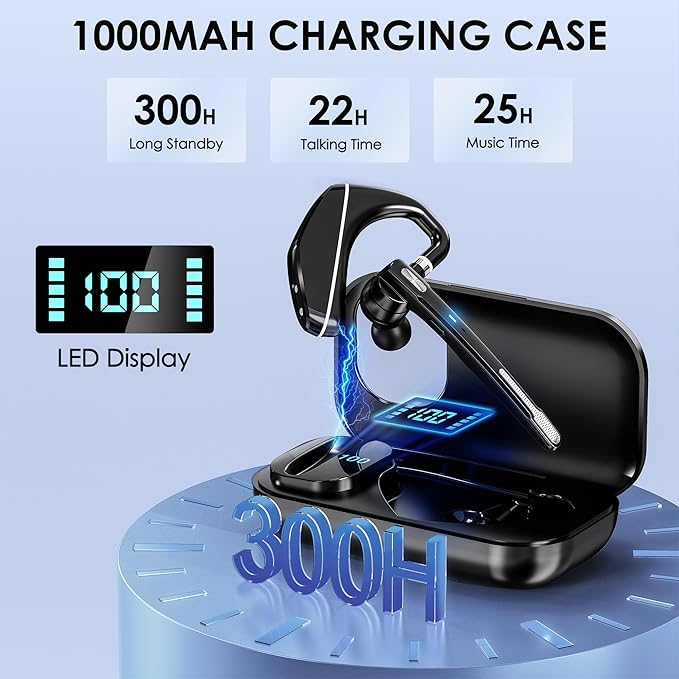EKVANBEL Bluetooth Headset V5.3, Wireless Earpiece with 1000mAh Charging Case, 96H Talktime, Hands Free Noise Canceling Headphones with Dual-Mic for Computer Cell Phones Trucker Home Office Work - Image 2