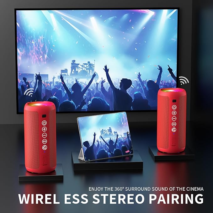 Ortizan Portable Bluetooth Speaker, IPX7 Waterproof, Wireless, Bright Red | 24W Loud Stereo Sound, Deep Bass, Bluetooth 5.3, RGB Lights, Dual Pairing, 30H Playtime for Home/Outdoor/Party, Birthday Gift - Image 3
