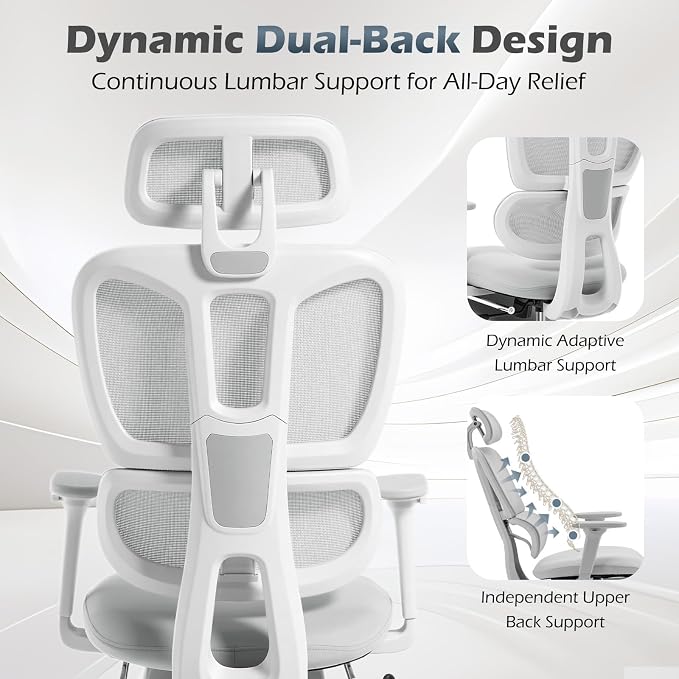 Ergonomic Office Chair with Footrest and Dynamic Lumbar Support, Grey | Reclining high-back computer chair, memory foam seat, 2D armrests, 2D headrest, mesh desk chair for home office, long hours - Image 4