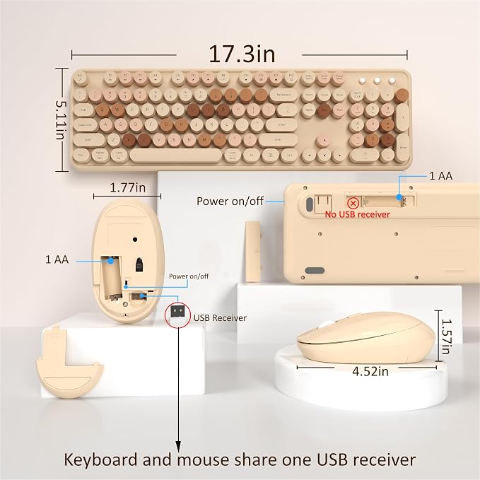 Links9+ Colorful Wireless Keyboard and Mouse Combo (Milky Tea Colorful) | Full-Size Retro Typewriter Style Keyboard with Vintage Round Keycaps, 2.4G Wireless Set for Windows, Mac, Laptop, PC, Desktop - Image 4